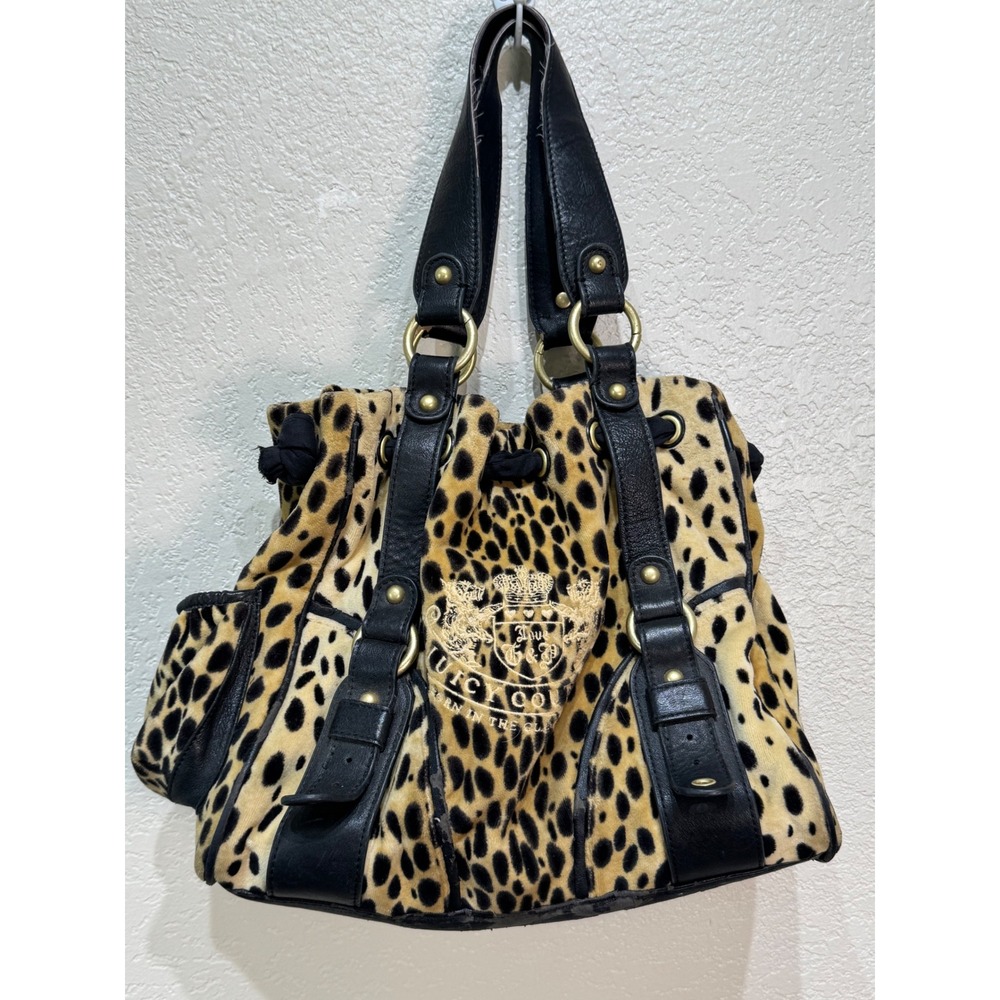 Juicy Couture Vintage Leopard Print Velour Daydreamer Bag Black Leather Trim Y2K
